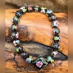 Floral Cloisonné Bracelet Stretch Diamond Shaped Accent Bead Sz 6.5
